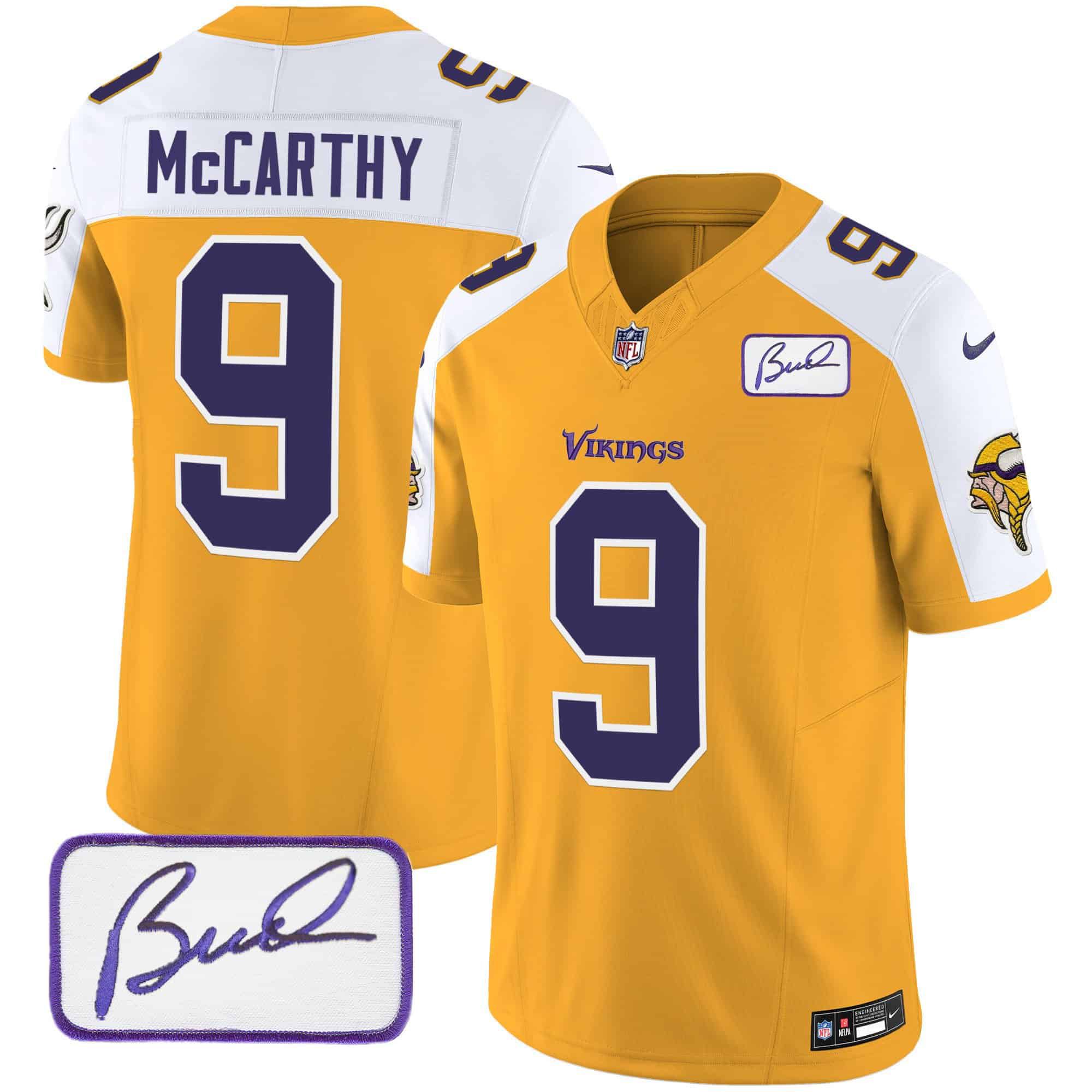 Men Minnesota Vikings #9 Mccarthy Yellow 2024 Nike Bud Grant Patch Classic Limited NFL Jersey->indianapolis colts->NFL Jersey